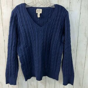 St Johns Bay Women's Navy-Blue Cable Knit V Neck Sweater Size L